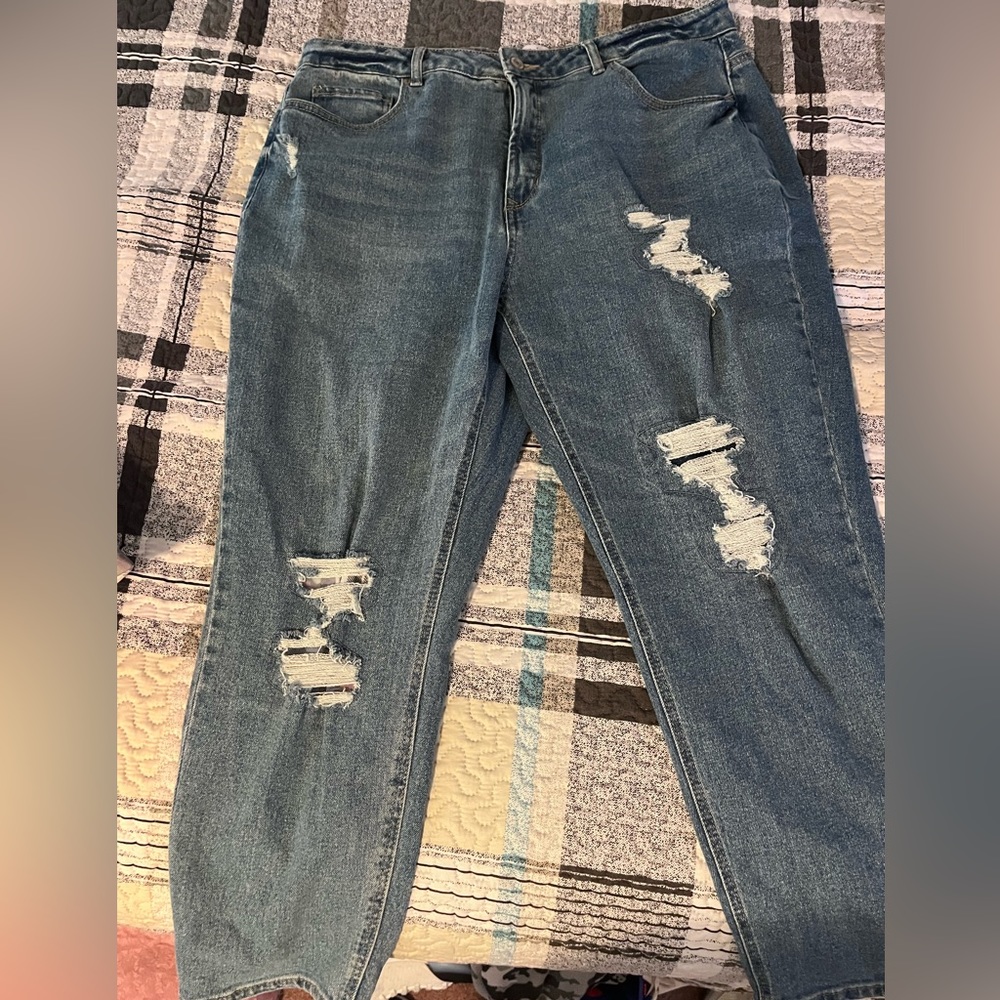 Distressed “mom” jeans.